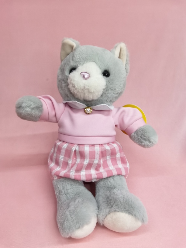 GATITO GRIS VESTIDO ROSA